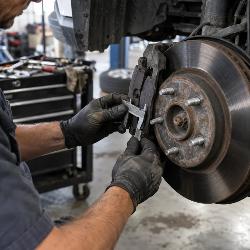 Brake components being measured during an inspection